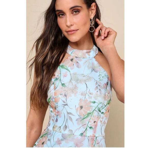 Lulus Forever Exceptional Light Blue‎ Floral Halter Organza Maxi Dress, Medium - Picture 4 of 5